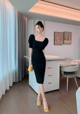 Square Neck Puff Sleeves Midi Dress
